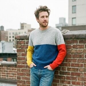Country of Origin Sweater Mens Large Colorblock Lambswool Grey Blue Yellow Red